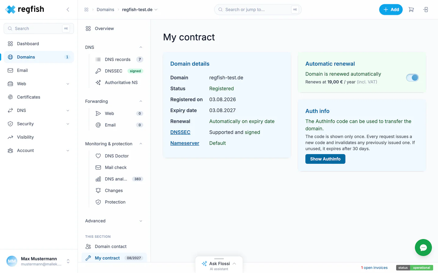 The contract page with term, renewal and AuthInfo