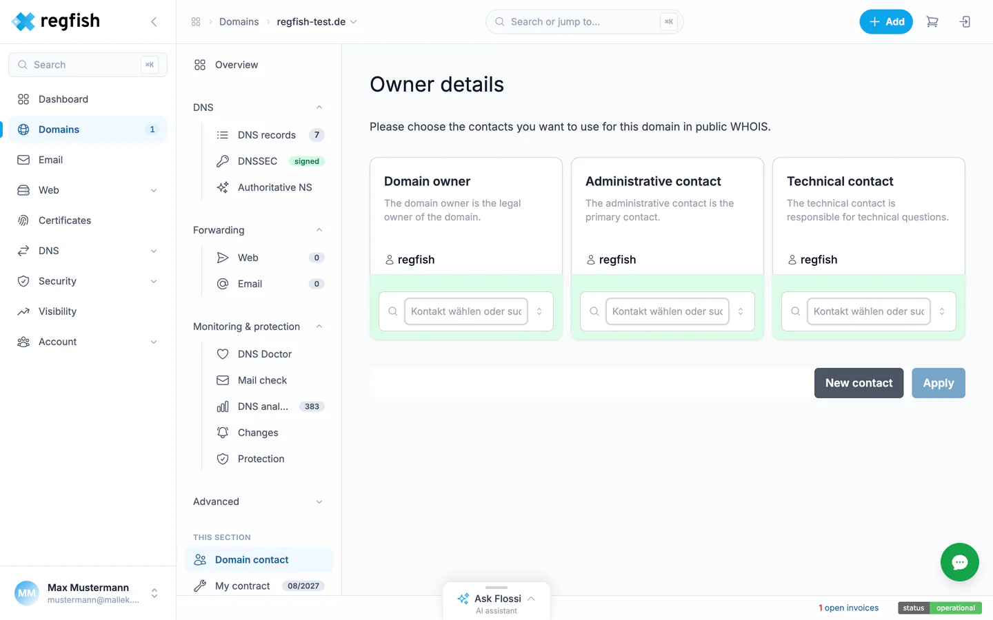 The owner data with its three contacts