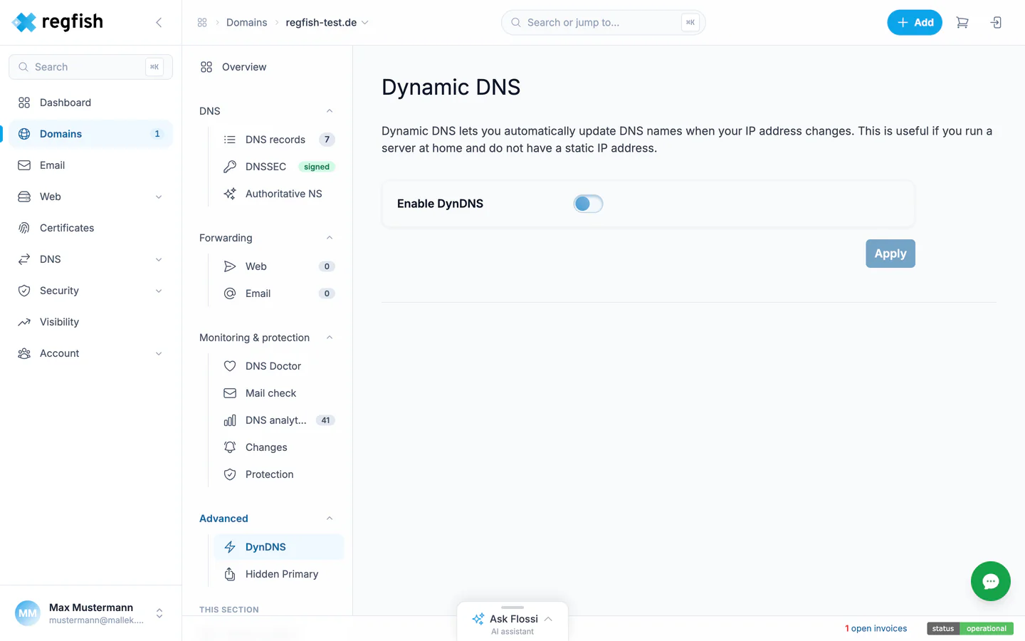 The DynDNS settings of a domain