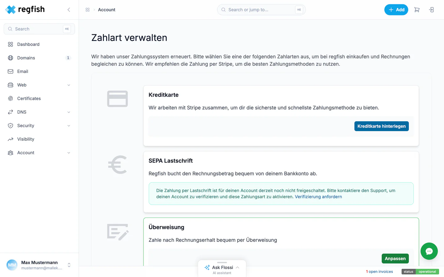 The payment methods in the dash with their three tiles