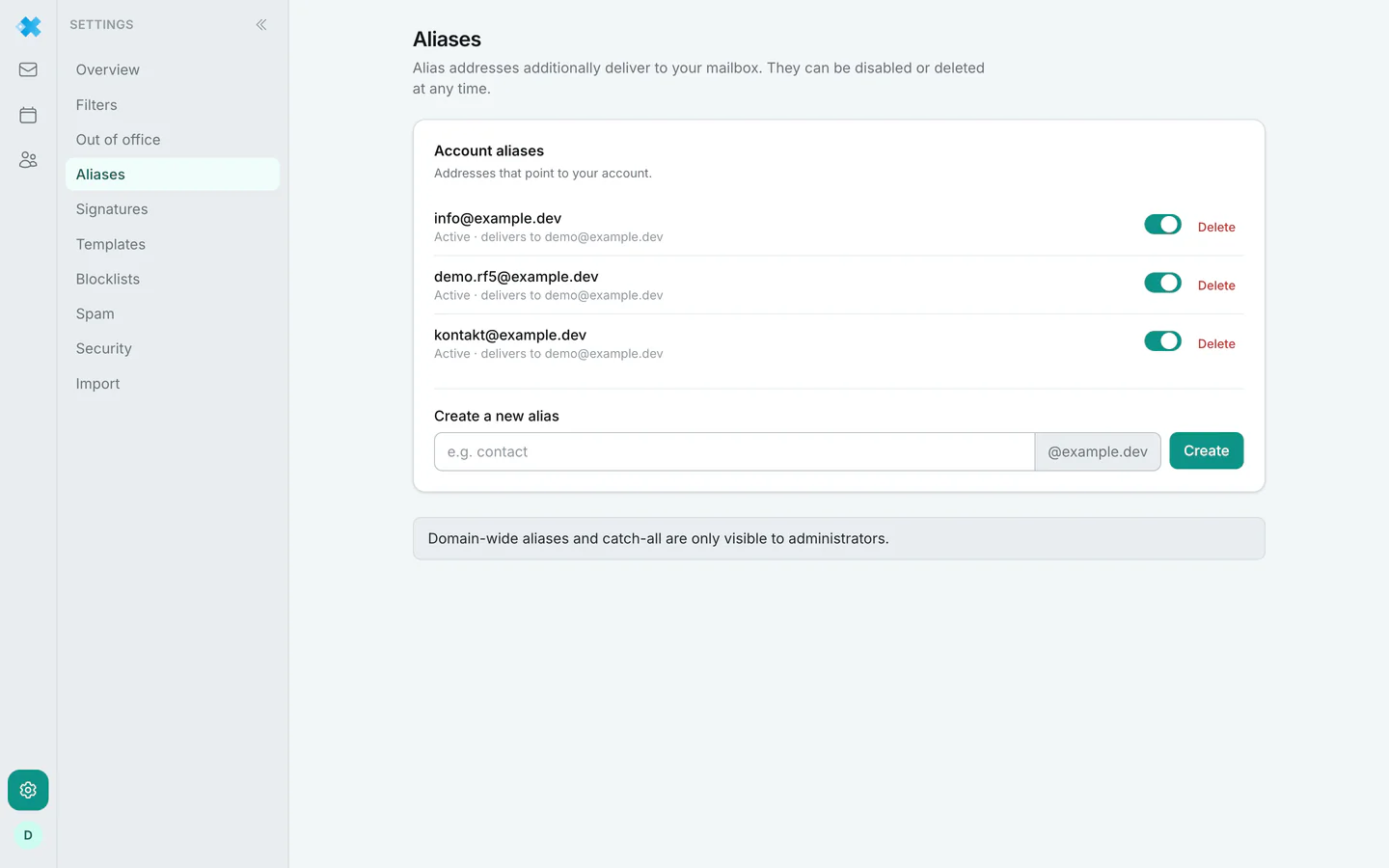 Alias management with account aliases and catch-all exceptions