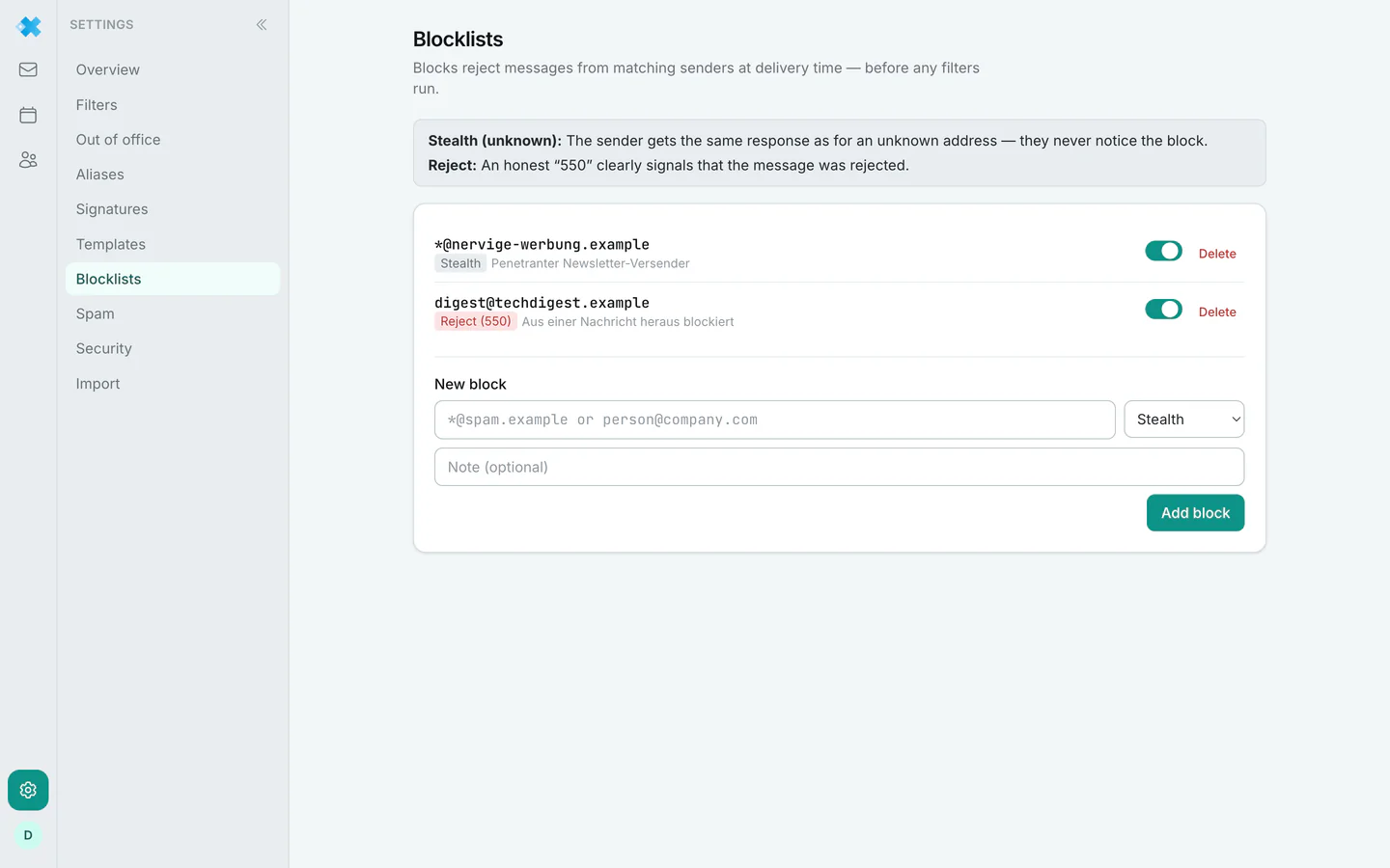 The blocklists with existing blocks and the form for new ones