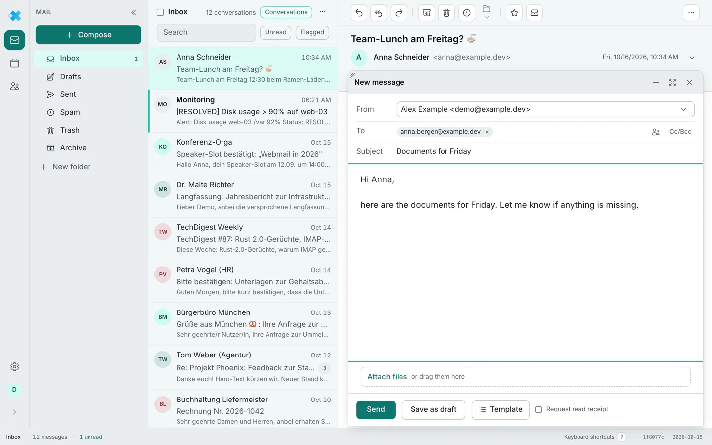 The floating compose window next to folders, list and an open message