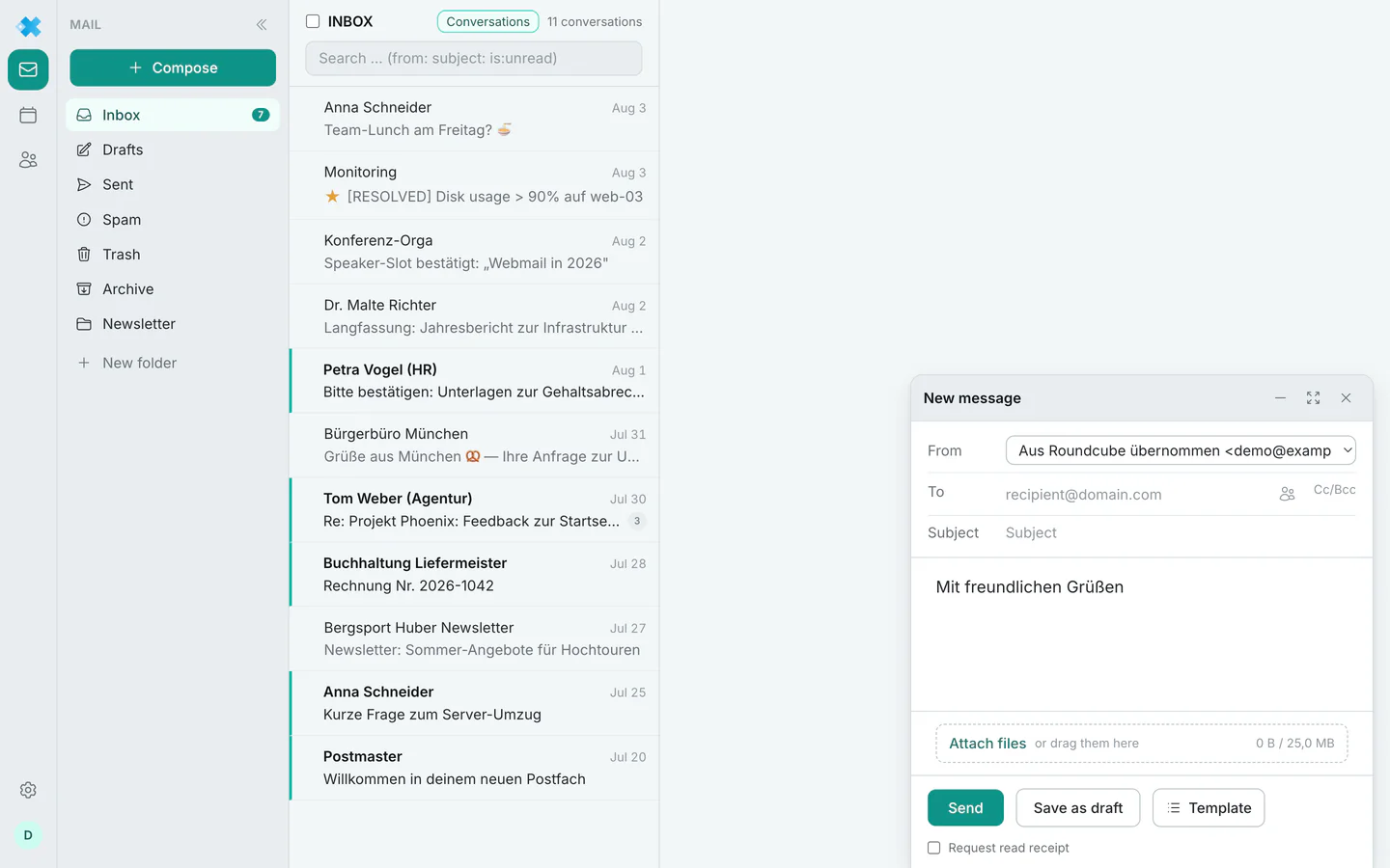 The compose window with attachment limit and template button