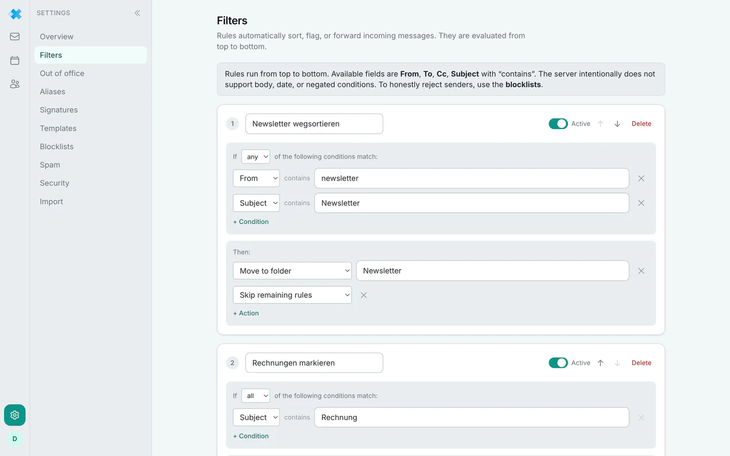 The filter editor with the rules of a list