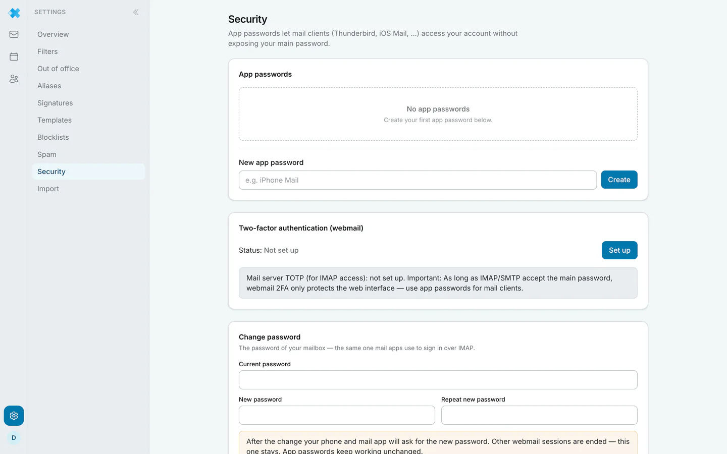 The security area with password, passkeys and app passwords