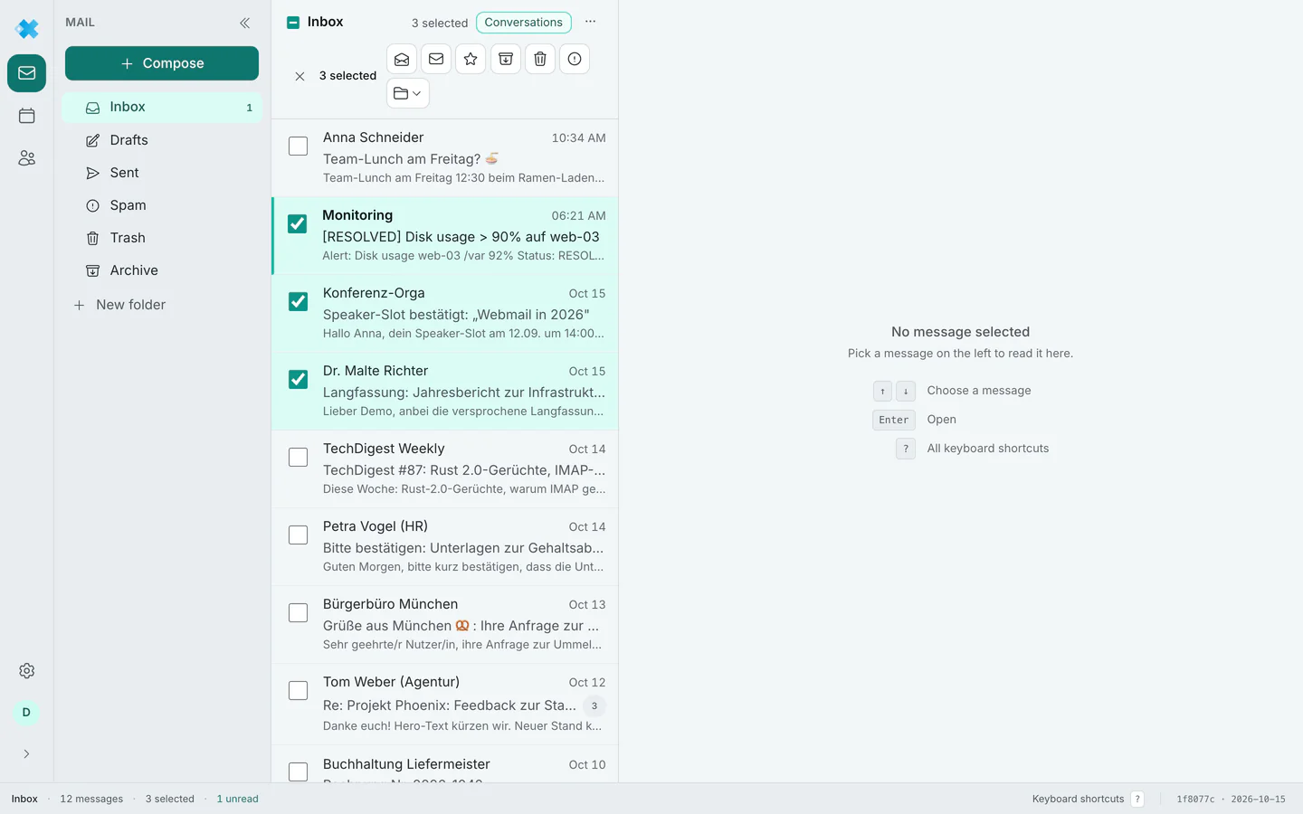 Three selected messages, their sender circles have turned into checkboxes