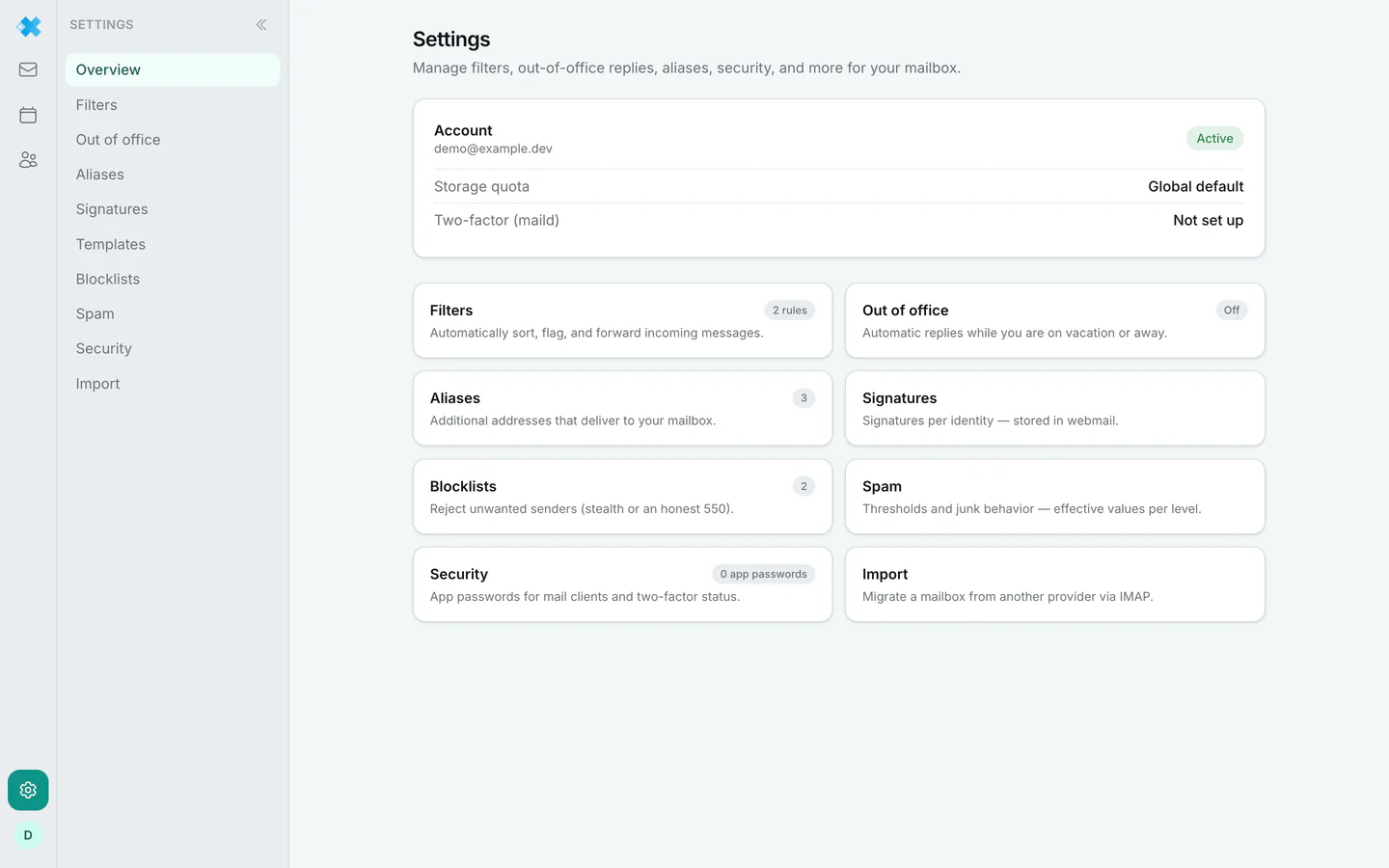 The settings area of regfish Mail