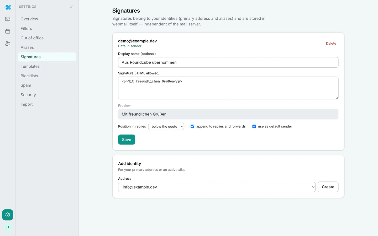 Managing identities with their signatures