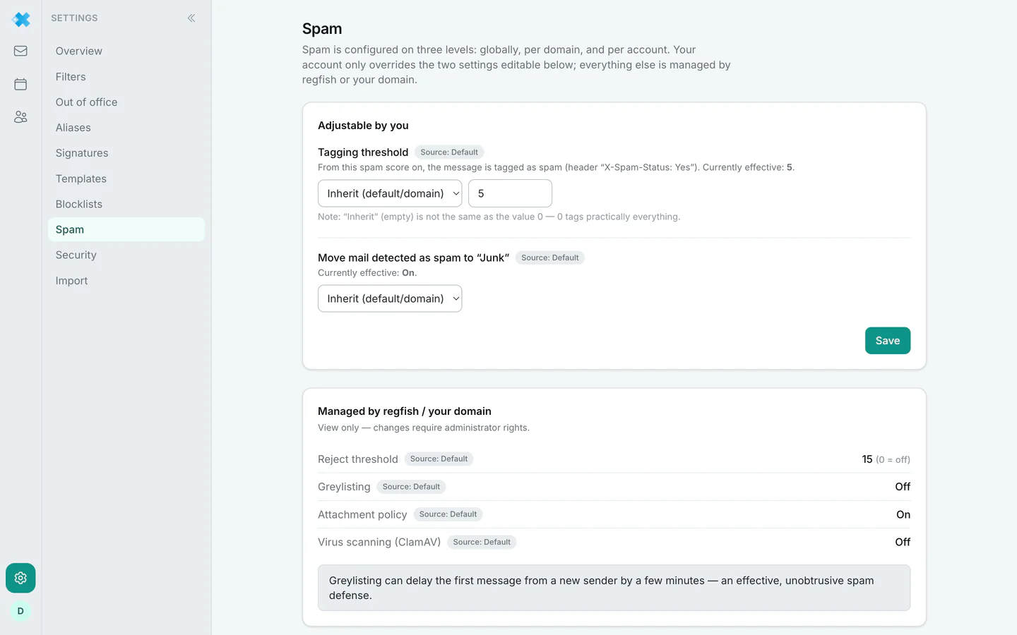 The spam settings with the tag threshold and the managed values