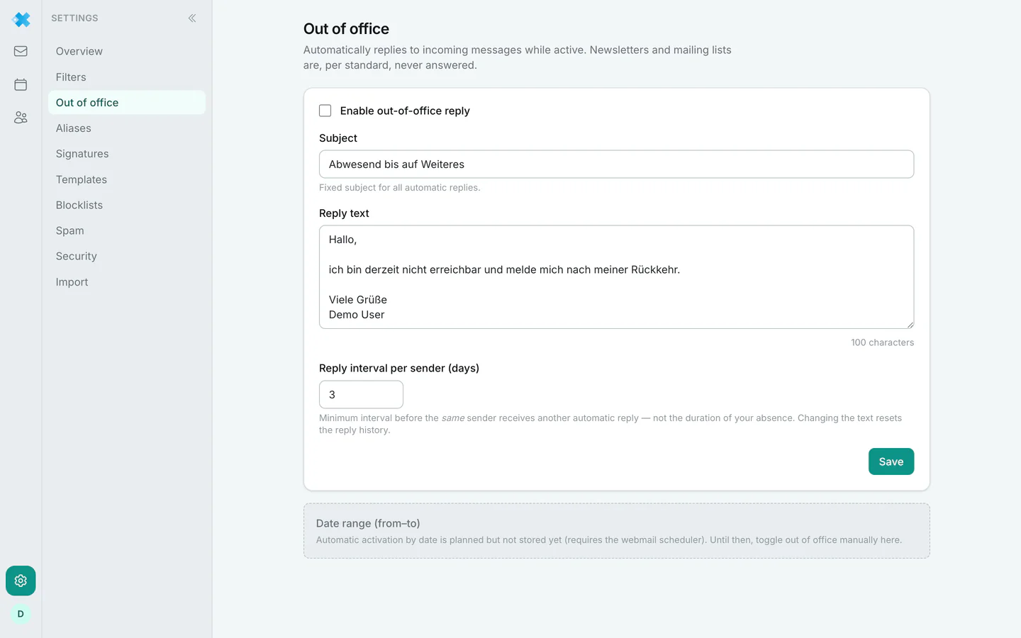 The vacation notice with text and date range